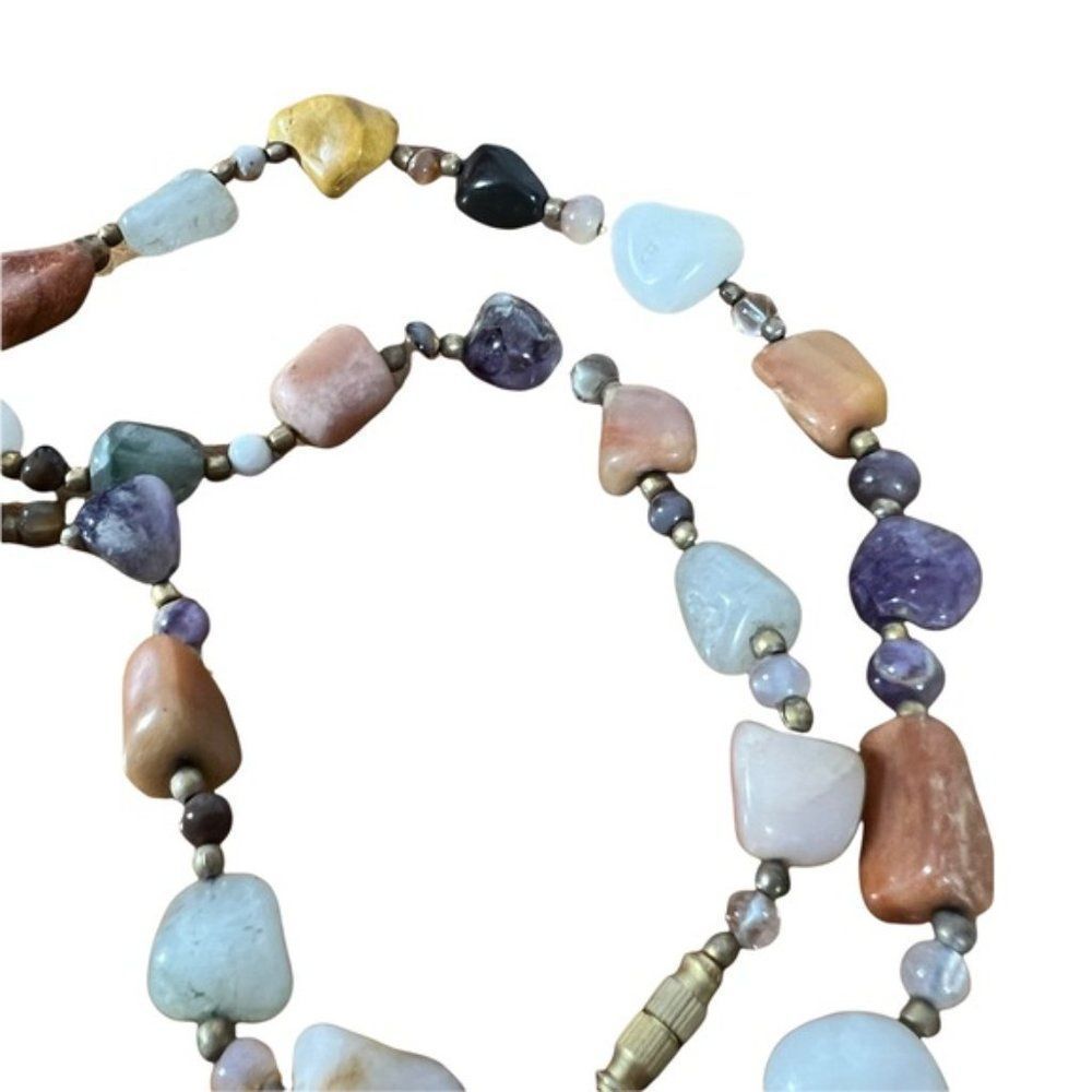 Colorful Stone Layering Necklace With Beads Between Stones Mystery Closure Clasp - Picture 9 of 13